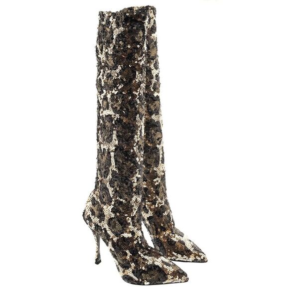 Dolce & Gabbana Sequin Embellished Leopard Knee-High Stiletto Boots-EU39.5